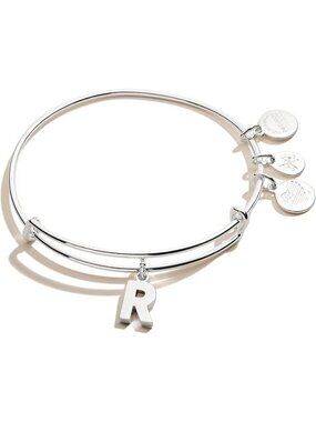 Initial R Silver Expandable Bangle Initials Letter Charm Bracelet, Shiny Finish